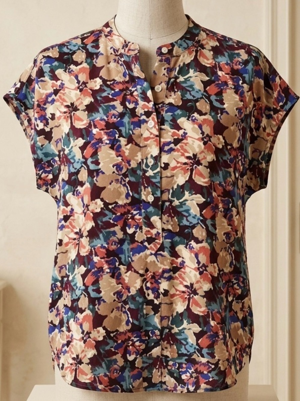 Banana Republic| Tan & Teal Floral Black Cap-Sleeve Satin Flowy Blouse Sz S